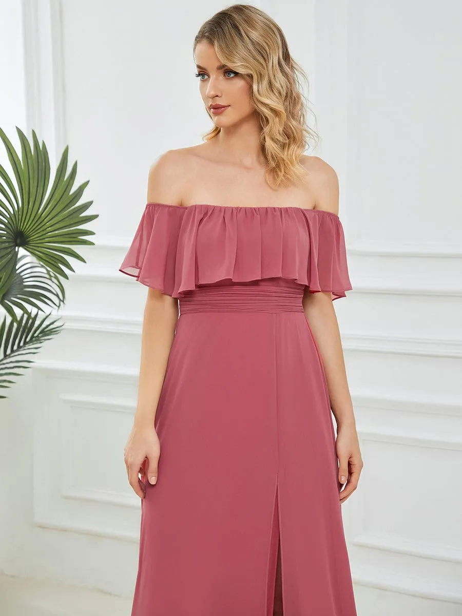 Women's Off Shoulder Ruffle Thigh Slit Bridesmaid Dresses