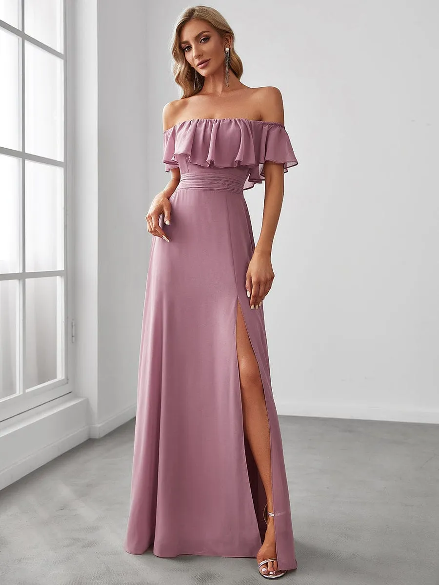 Women's Off Shoulder Ruffle Thigh Slit Bridesmaid Dresses