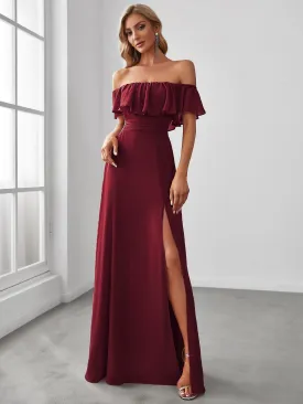 Women's Off Shoulder Ruffle Thigh Slit Bridesmaid Dresses