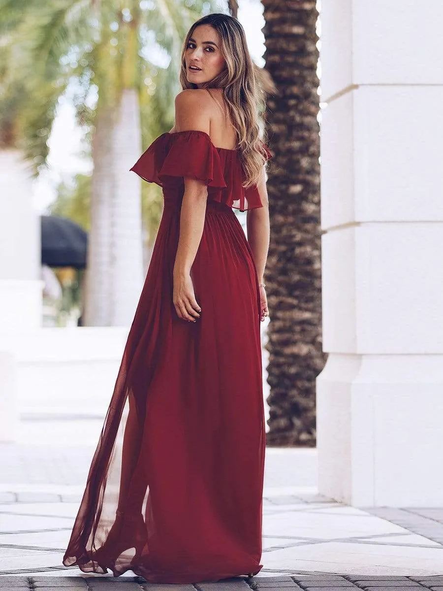 Women's Off Shoulder Ruffle Thigh Slit Bridesmaid Dresses