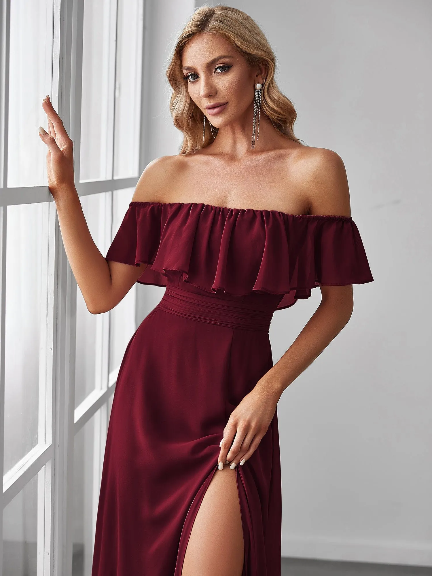 Women's Off Shoulder Ruffle Thigh Slit Bridesmaid Dresses