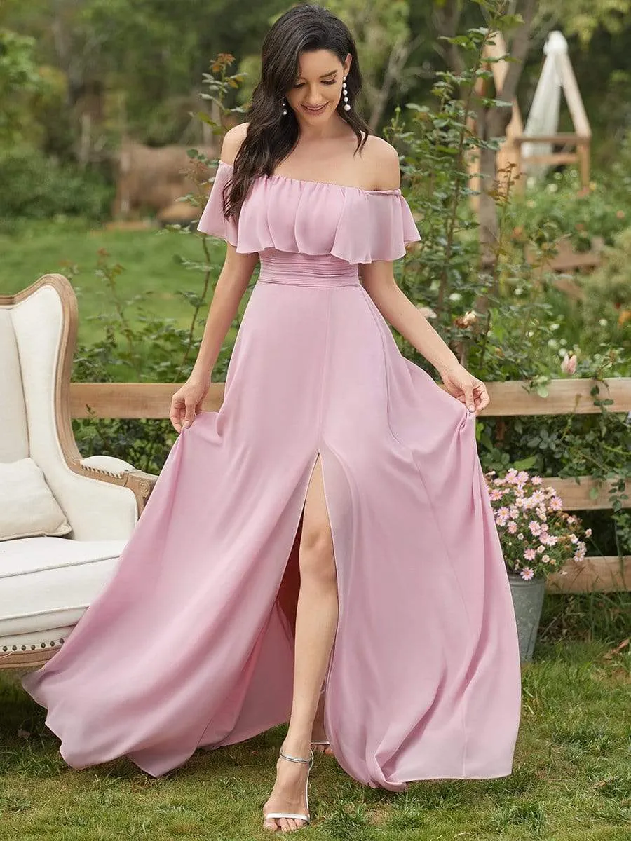 Women's Off Shoulder Ruffle Thigh Slit Bridesmaid Dresses