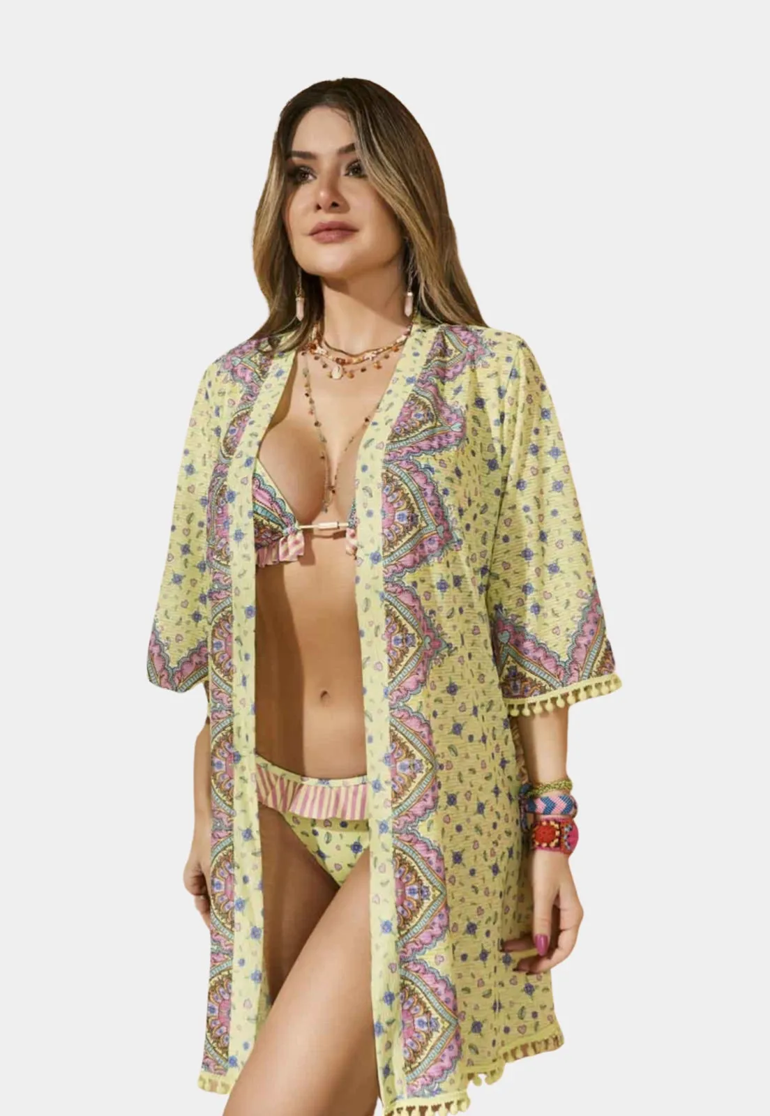 Yellow Printed Kimono Cover Up